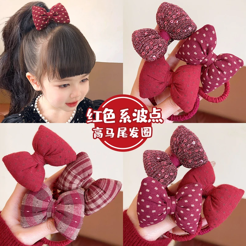 【新年发饰】蝴蝶结波点发圈甜美可爱红色系头绳小女孩高马尾发绳