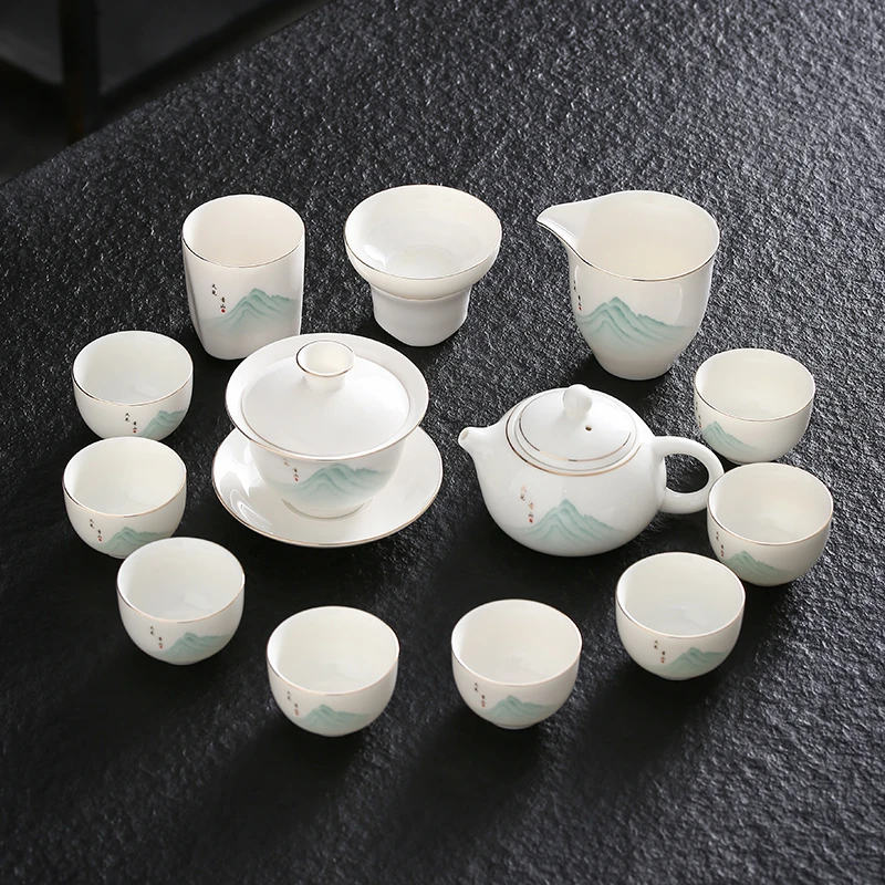 晟翔晟翔羊脂玉瓷茶具套装—又见青山茶壶盖碗主人杯12件套加2杯