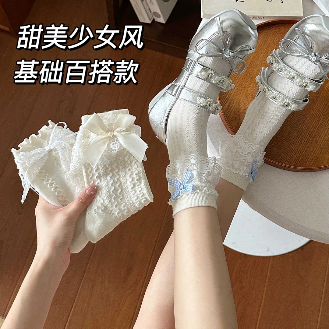 欧恋鸟蕾丝蝴蝶结miu系洛丽塔花边袜子春秋季Lolita学院风中筒袜