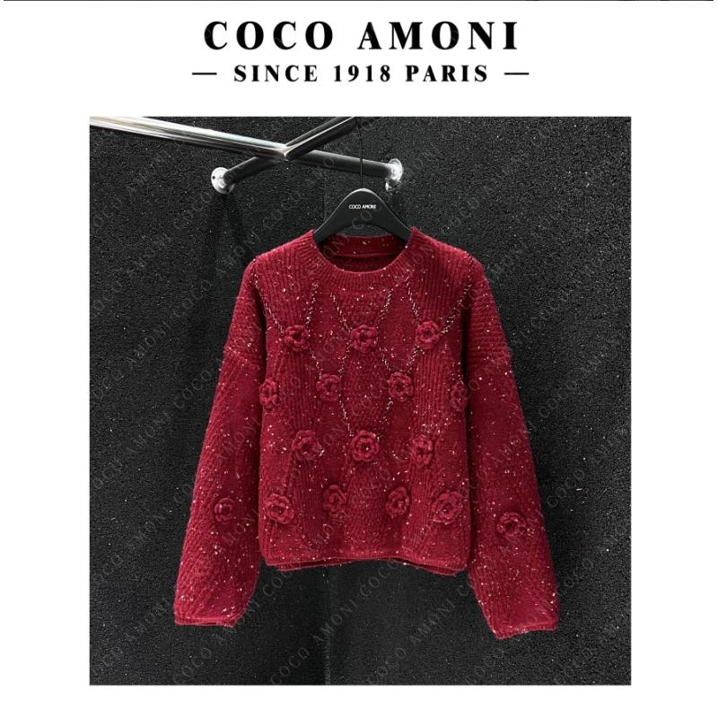 【曼姐专属】百搭扎花钉珠圆领针织衫设计长袖毛衫 NZ586