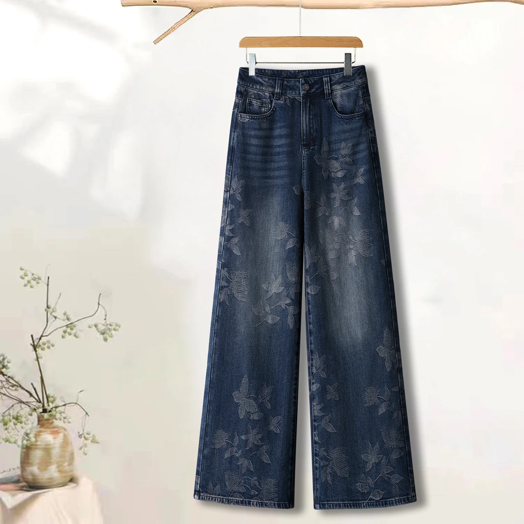 高端重工提花阔腿牛仔裤女2025秋季新款时尚气质设计感宽松直筒裤
