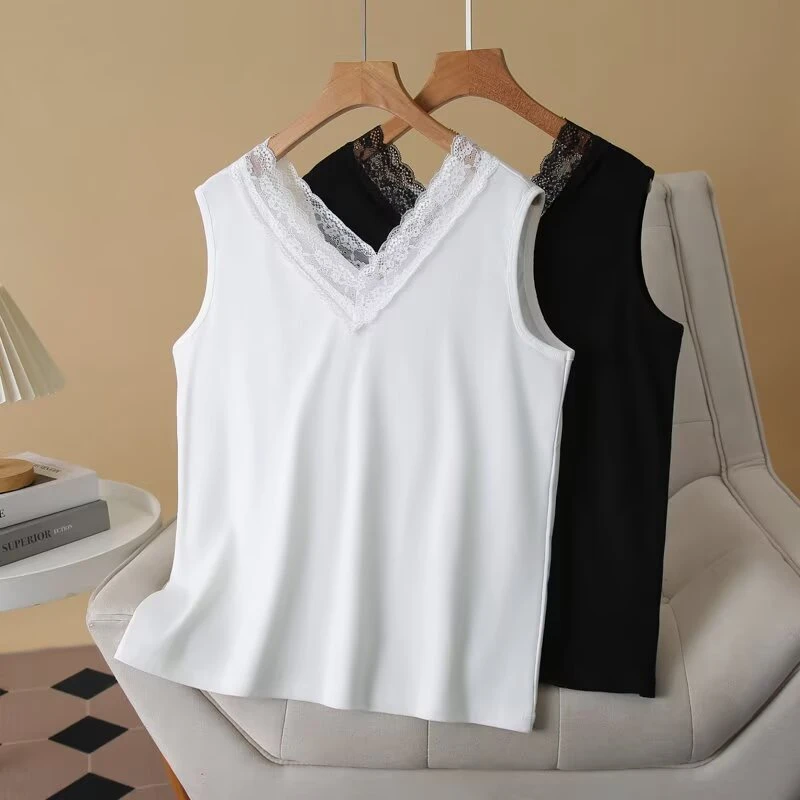 梦冬佳--110-190斤大码女装百搭款纯色V领蕾丝花边打底衫背心吊带