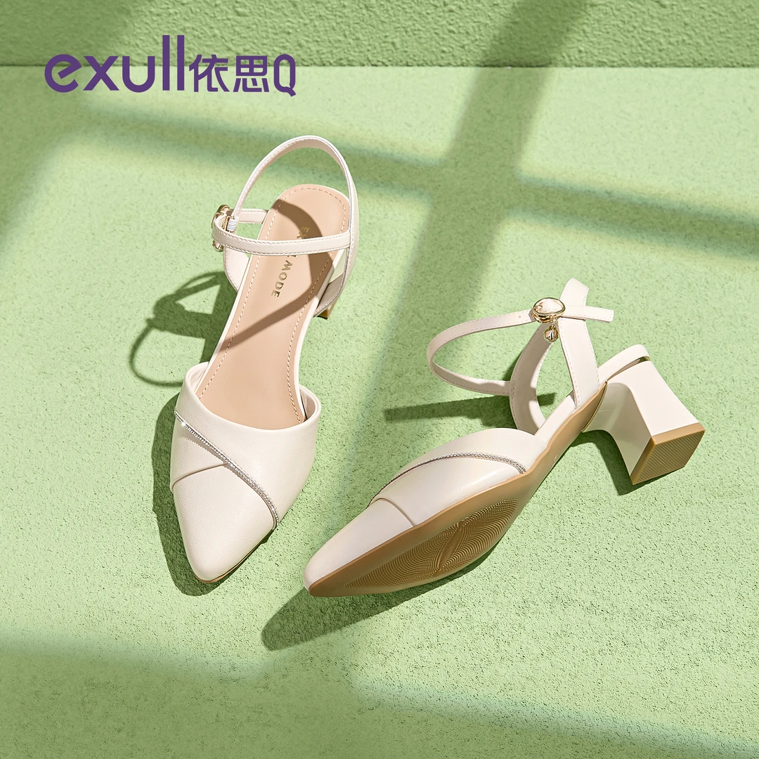 依思q高跟鞋凉鞋女款2025新款夏季女鞋尖头粗跟一字带扣浅口单鞋