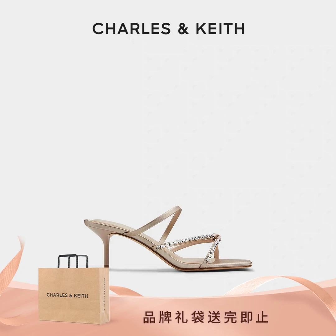 CHARLES & KEITH25夏商场同款方头交叉带钻饰细高跟拖鞋60280475