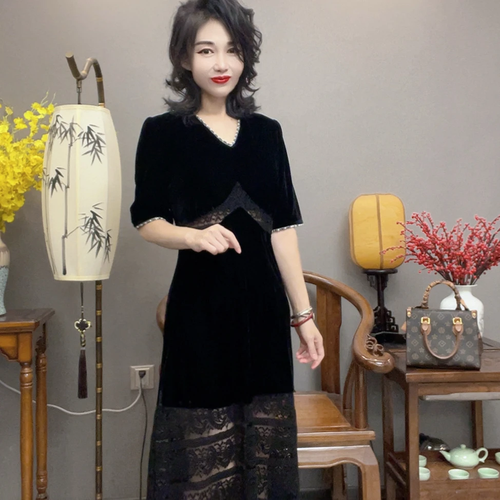 【峰姐甄选】时尚串珠v领蕾丝腰性感连衣裙25118【MN】