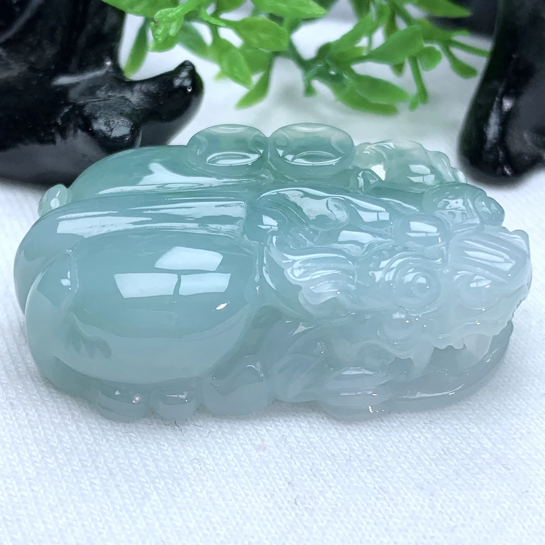 天然缅甸翡翠A货冰润飘花阴阳脚口含珠貔貅吊坠42.4−25.6−12.4mm