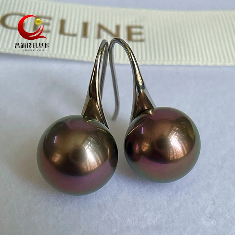 高跟鞋款天然南洋海水大溪地黑珍珠孔雀紫耳钩葡萄紫强光耳勾耳环