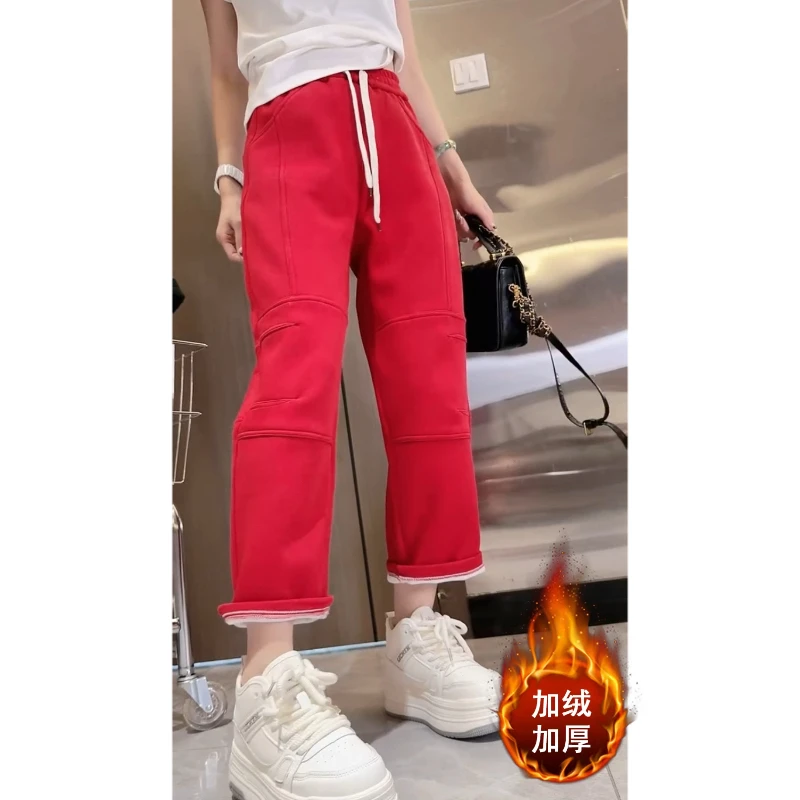 Aimeerosa/艾洛莎冬季加绒立体剪裁奶奶休闲裤女九分直筒弯刀卫裤