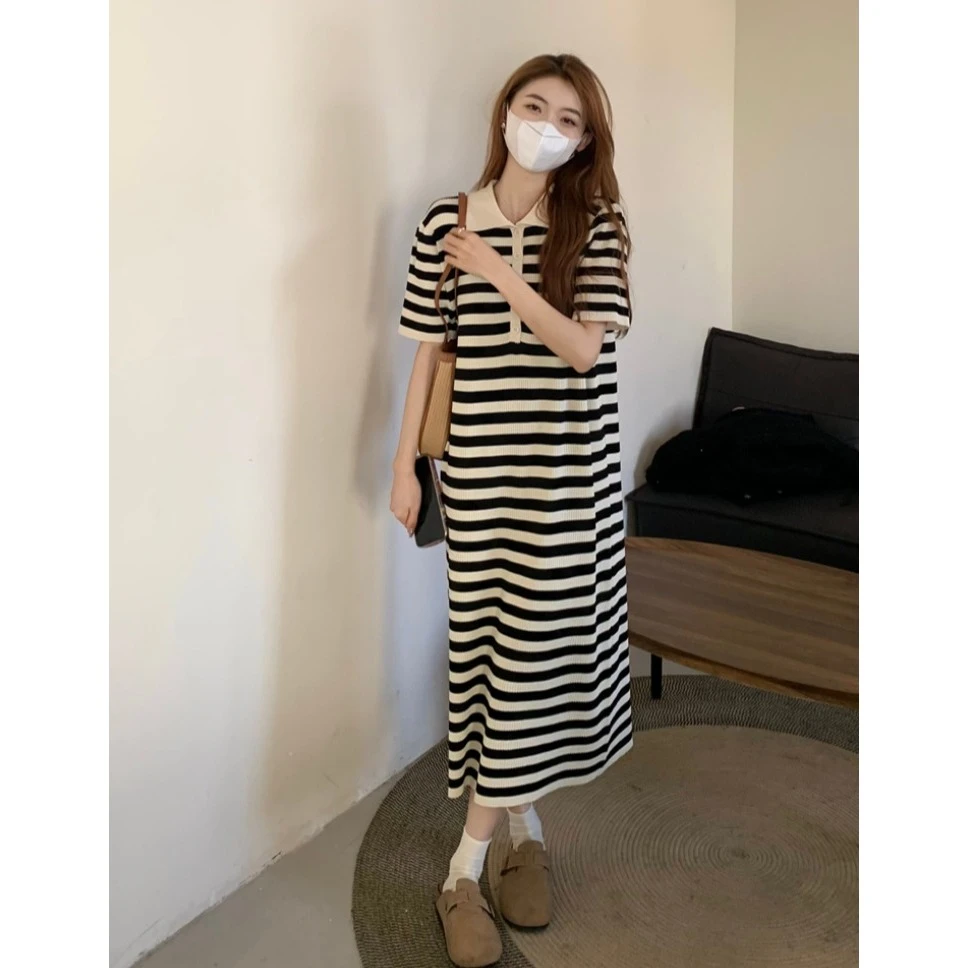 夏季撞色条纹Polo领短袖连衣裙女气质宽松小个子显瘦长款休闲裙子