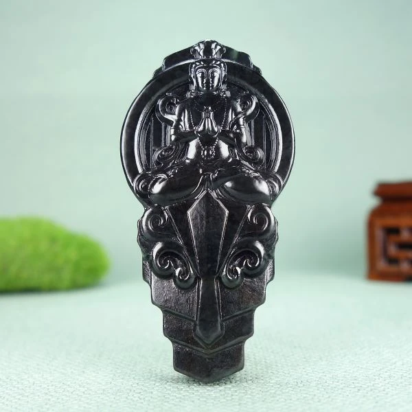 和田玉墨玉观音《普度众生》挂件238