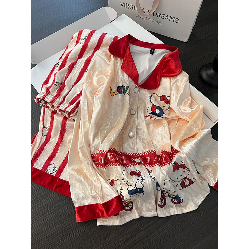 韩系少女Kitty金丝绒睡衣女春秋新款休闲开衫家居服宽松大码套装