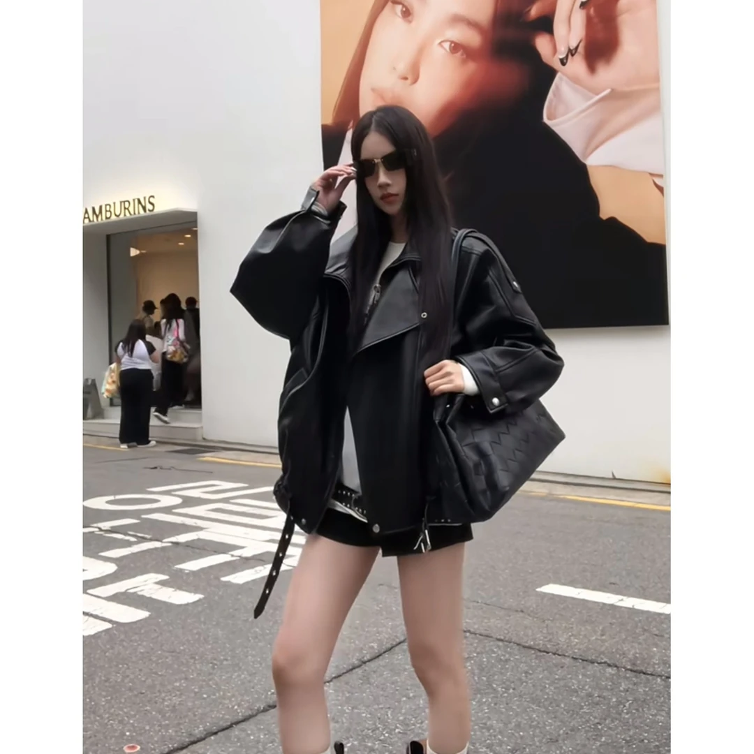 黑色复古港风机车皮衣外套女秋季新款韩版宽松高级设计感夹克上衣