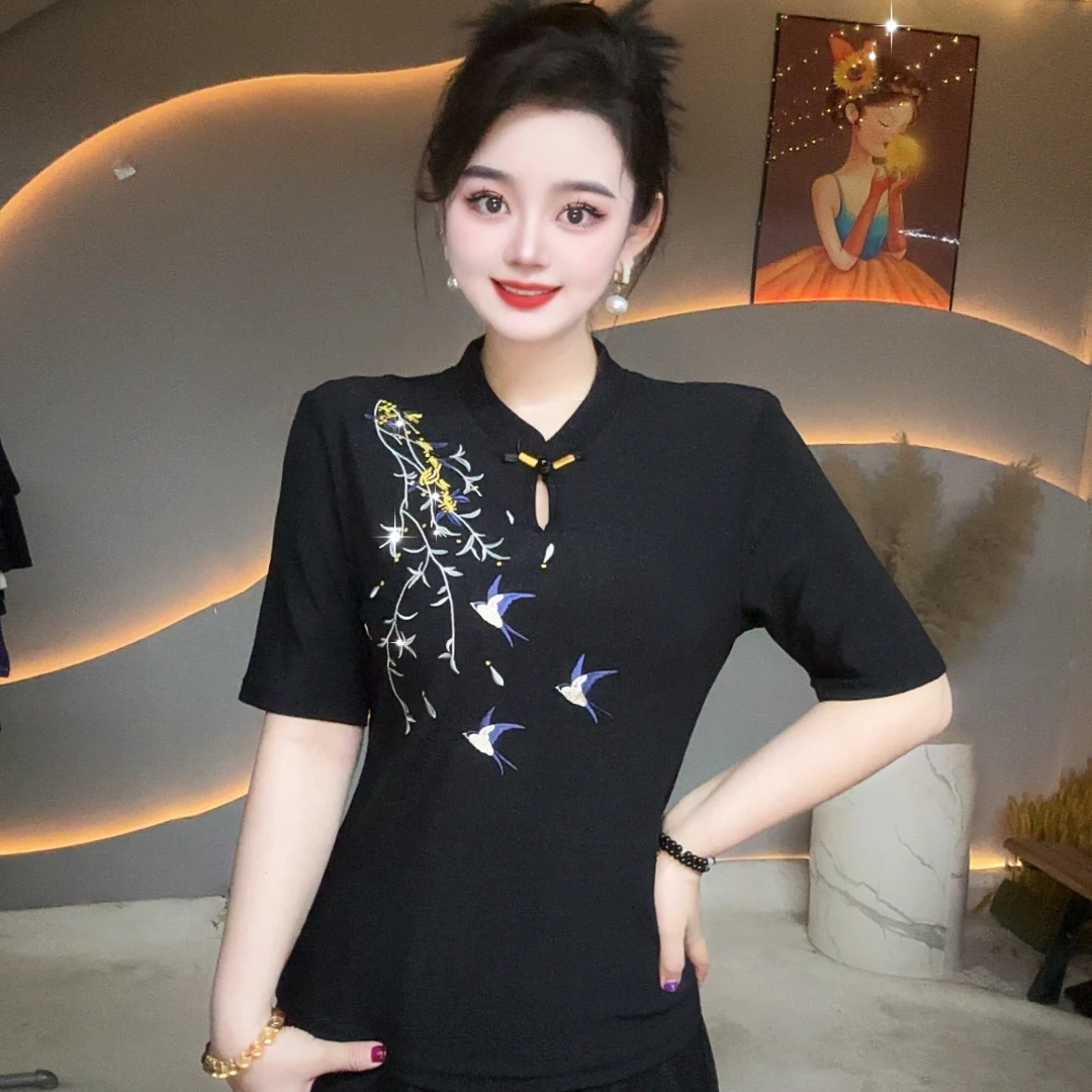 【喜鹊登枝】新中式国风旗袍领爆款洋气重工短袖打底衫女3079