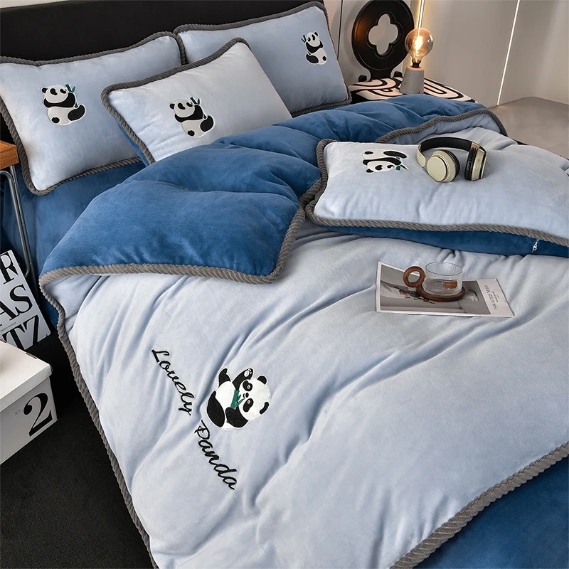 加绒加厚牛奶绒刺绣四件套简约双拼毛绒加大被罩双面绒床笠网红款