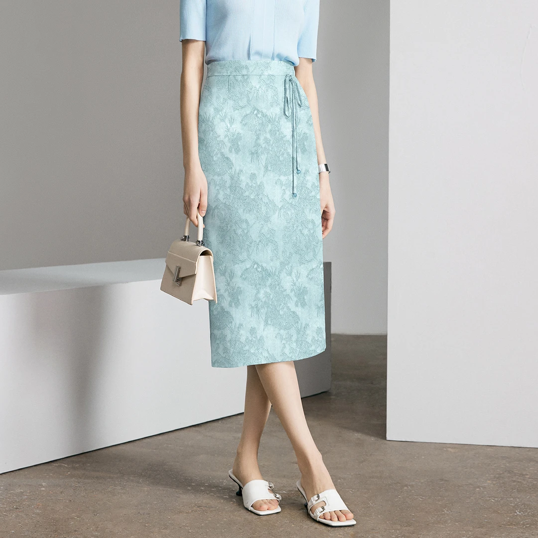 颜域新中式时尚半身裙女气质蓝色高腰包臀裙印花裙子10S411660
