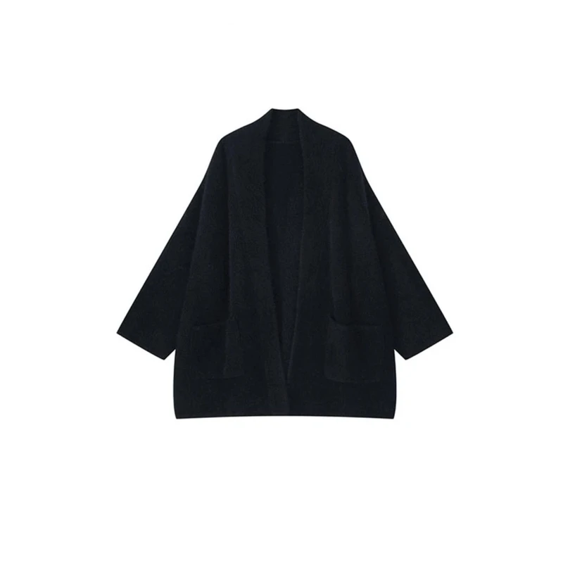 韩版慵懒风设计感大口袋外套秋冬极简宽松针织衫