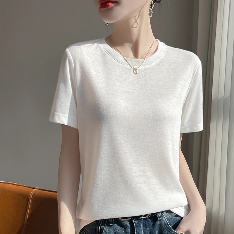 晾感莱赛尔针织短袖T恤女夏薄款宽松圆领纯色显瘦打底上衣半袖
