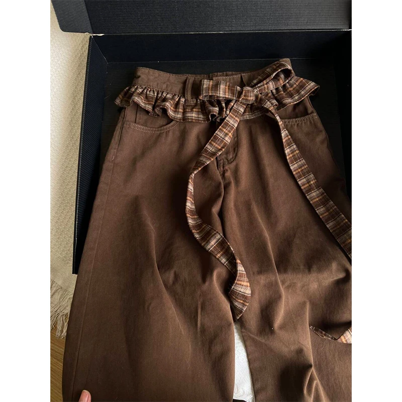大码复古咖色格子蝴蝶结牛仔裤女夏季新款宽松慵懒风美式阔腿裤子