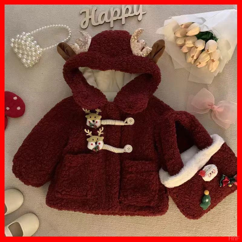 红色圣诞款女童安格拉喜庆毛毛衣2025新款中小童女童棉服可爱款