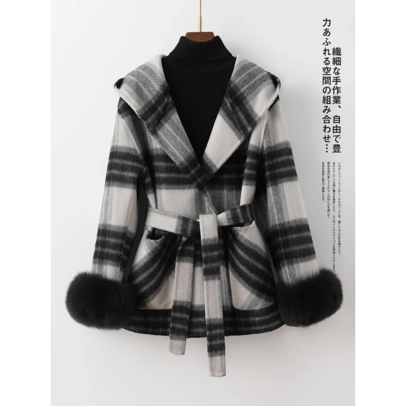 〈纪朵研〉1571双面羊毛大衣女格纹双面呢斗篷高级感小个子毛呢外套