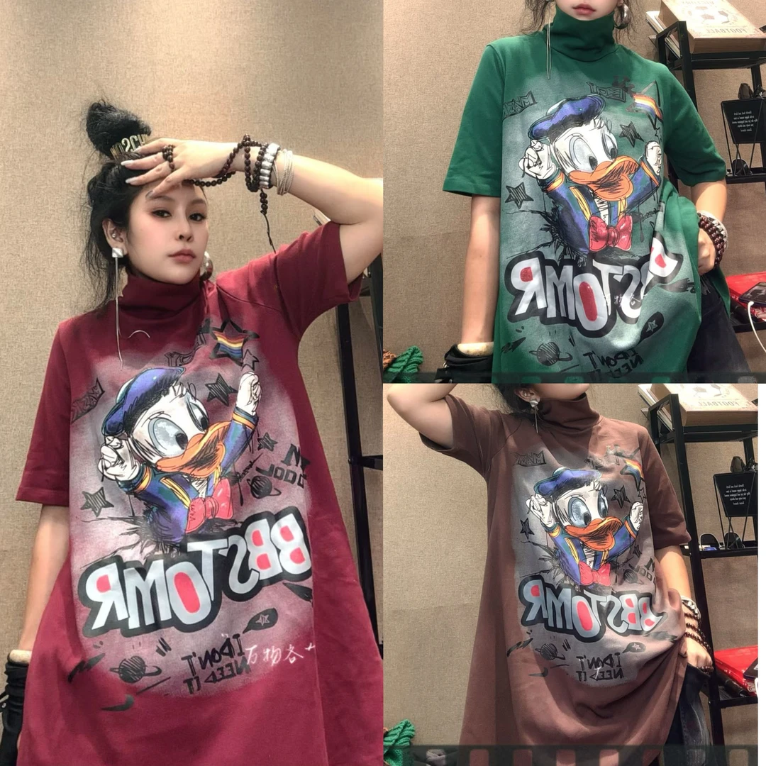 S801潮牌时尚遮肉弹力磨毛堆堆领唐老鸭A版半袖