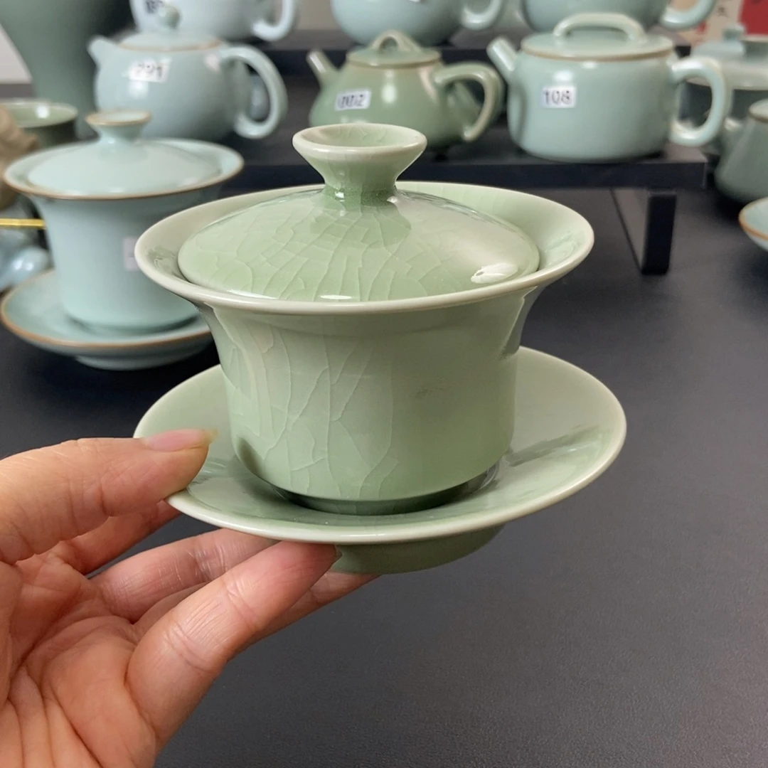 壶一级品豆绿釉马蹄盖碗无礼盒