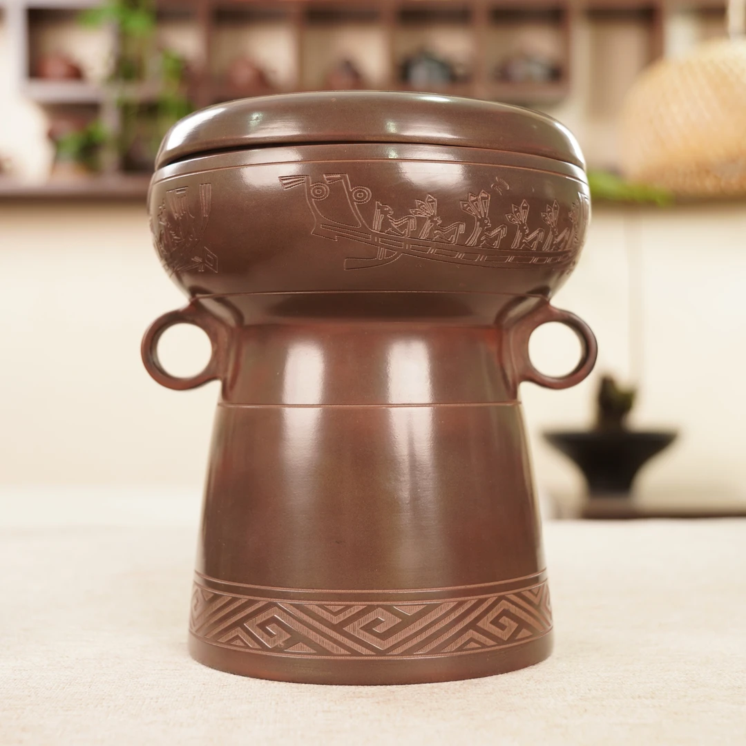 陶礼【龙舟】广西钦州坭兴陶大型雕刻双盖茶叶罐(小叶片茶600g）