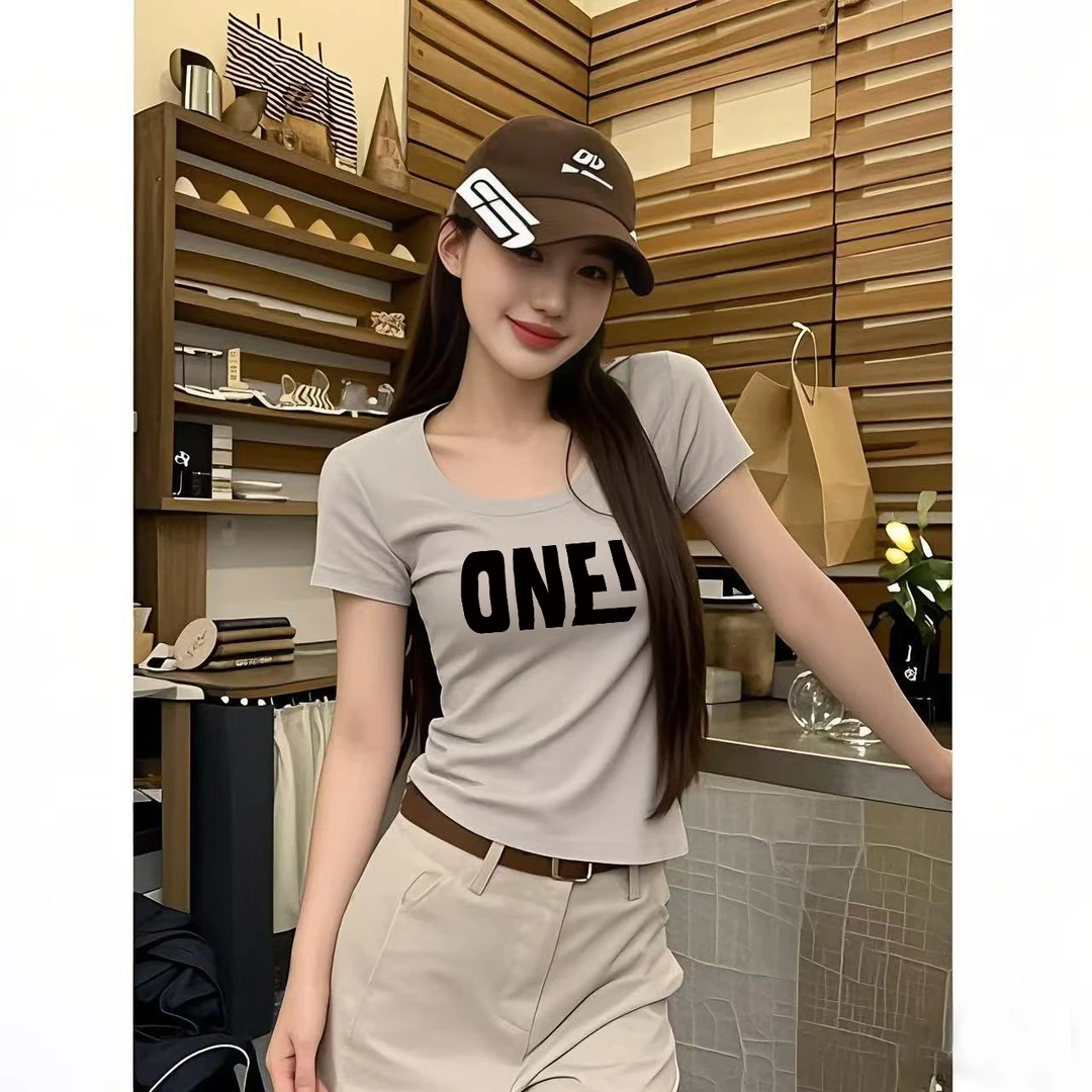 纯棉t恤女短袖夏季新款修身显瘦正肩上衣设计感小众短款百搭上衣