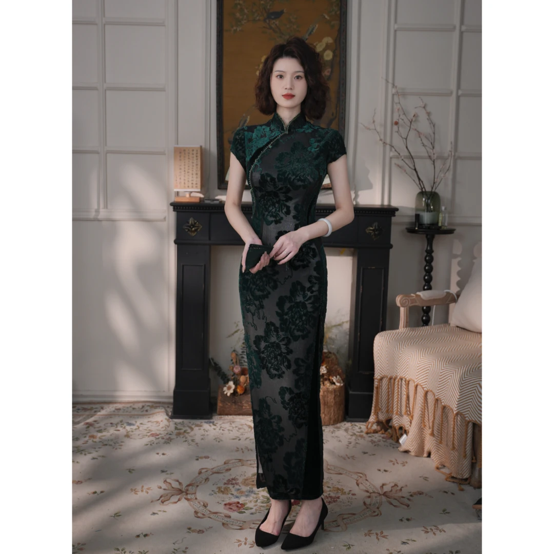 彩彩家【翡翠佳人】收腰修身复古显瘦气质时尚遮肉设计女装改良旗袍