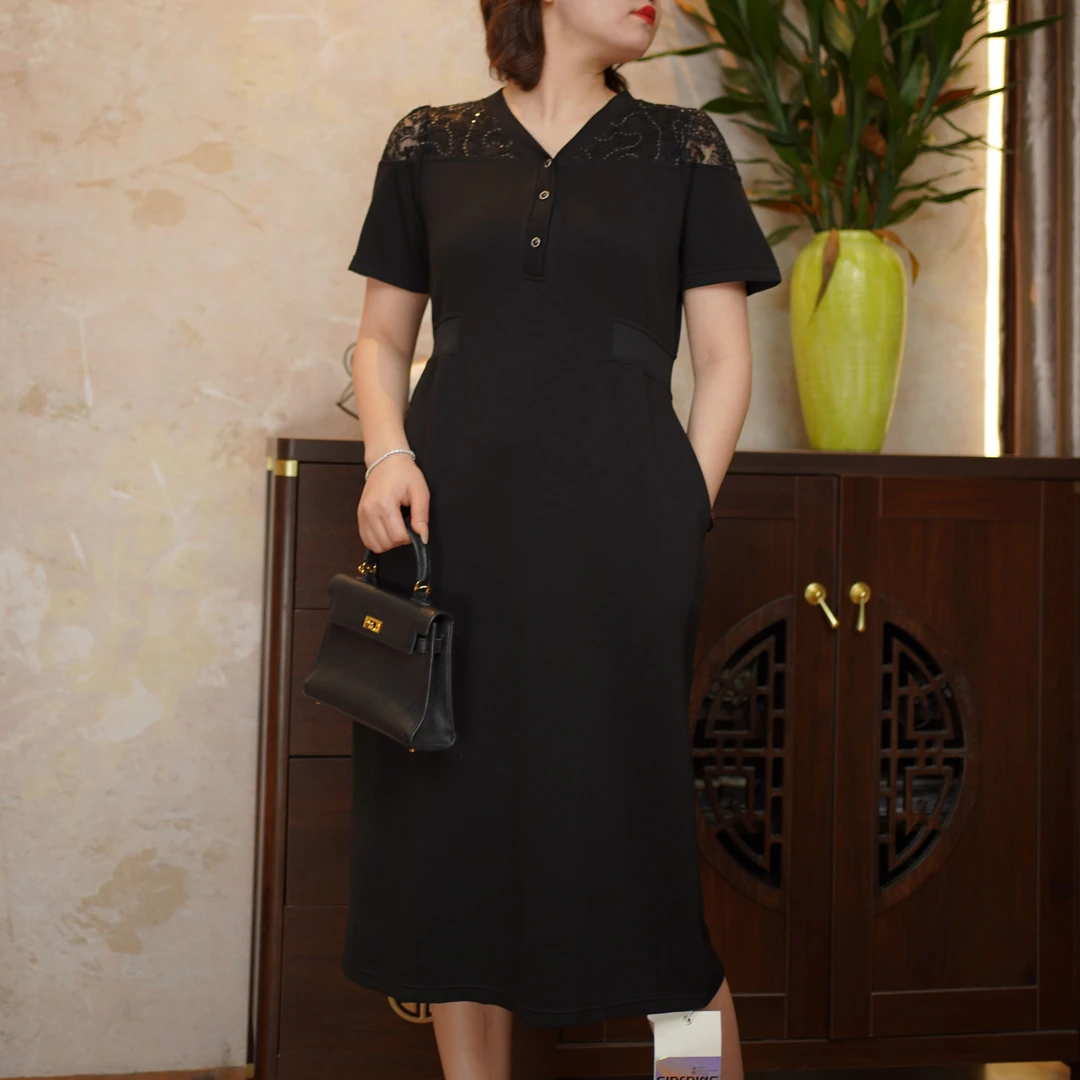 时尚洋气高级感黑色连衣裙2025夏季新款微胖女装气质显瘦裙子