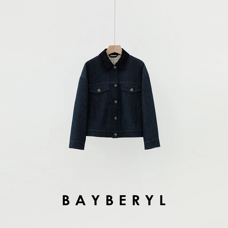 BAYBERYL老贝1P深蓝拼皮牛仔时尚百搭休闲25春外套MF4K1946-1/11