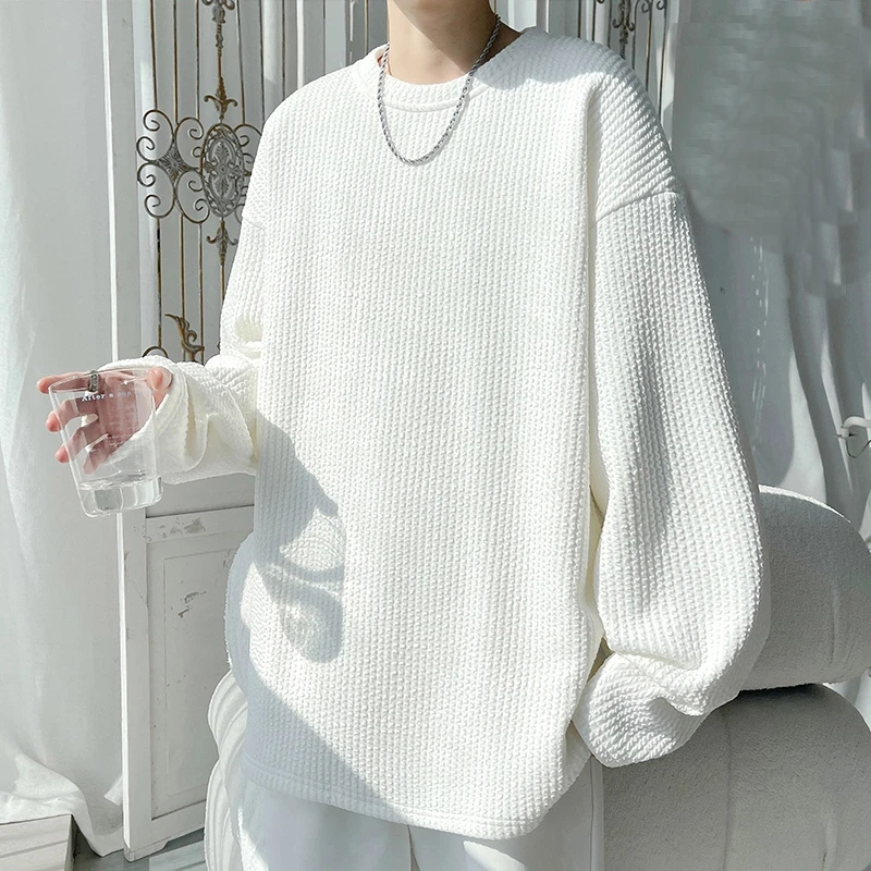 2024春秋新款纹理感男纯色打底衫宽松百搭圆领休闲套头长袖T恤