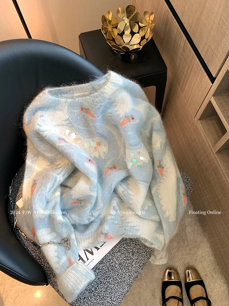 蓝色钉珠亮片高级感毛衣女2025秋季新款慵懒风软糯别致减龄针织衫