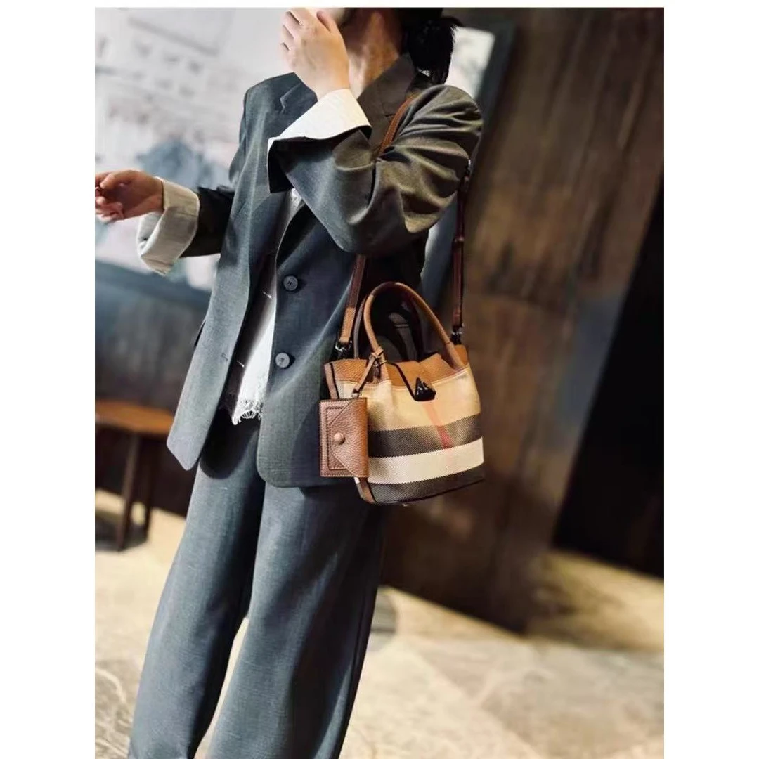 时尚休闲百搭编织帆布包格子斜跨包手提包8998