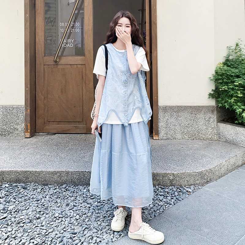 盐甜系穿搭蓝色无袖马甲套装女夏新款温柔风甜美半身裙t恤三件套