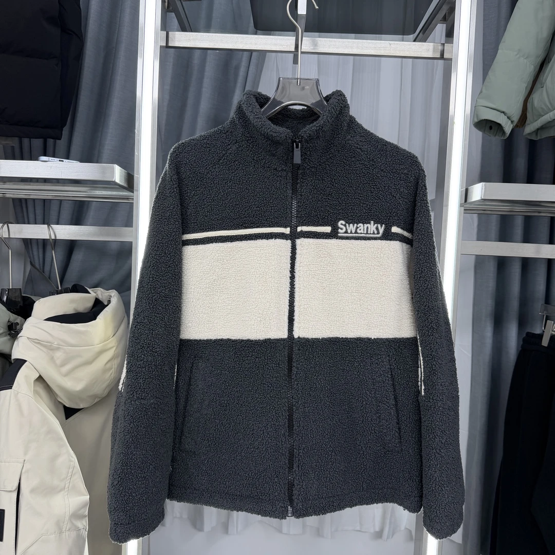 W940男款撞色时尚摇粒绒夹克加厚冬季保暖简约休闲适配百搭外套