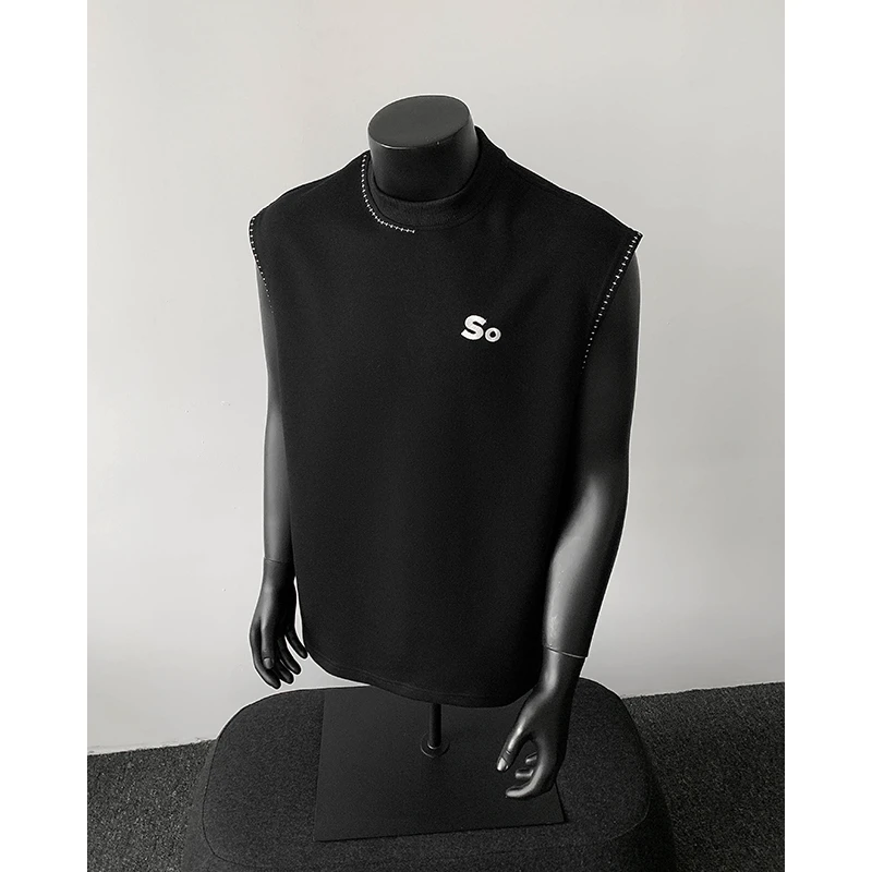 明辑线拼色坎肩背心男士夏季潮牌百搭解构宽松无袖T恤休闲运动风