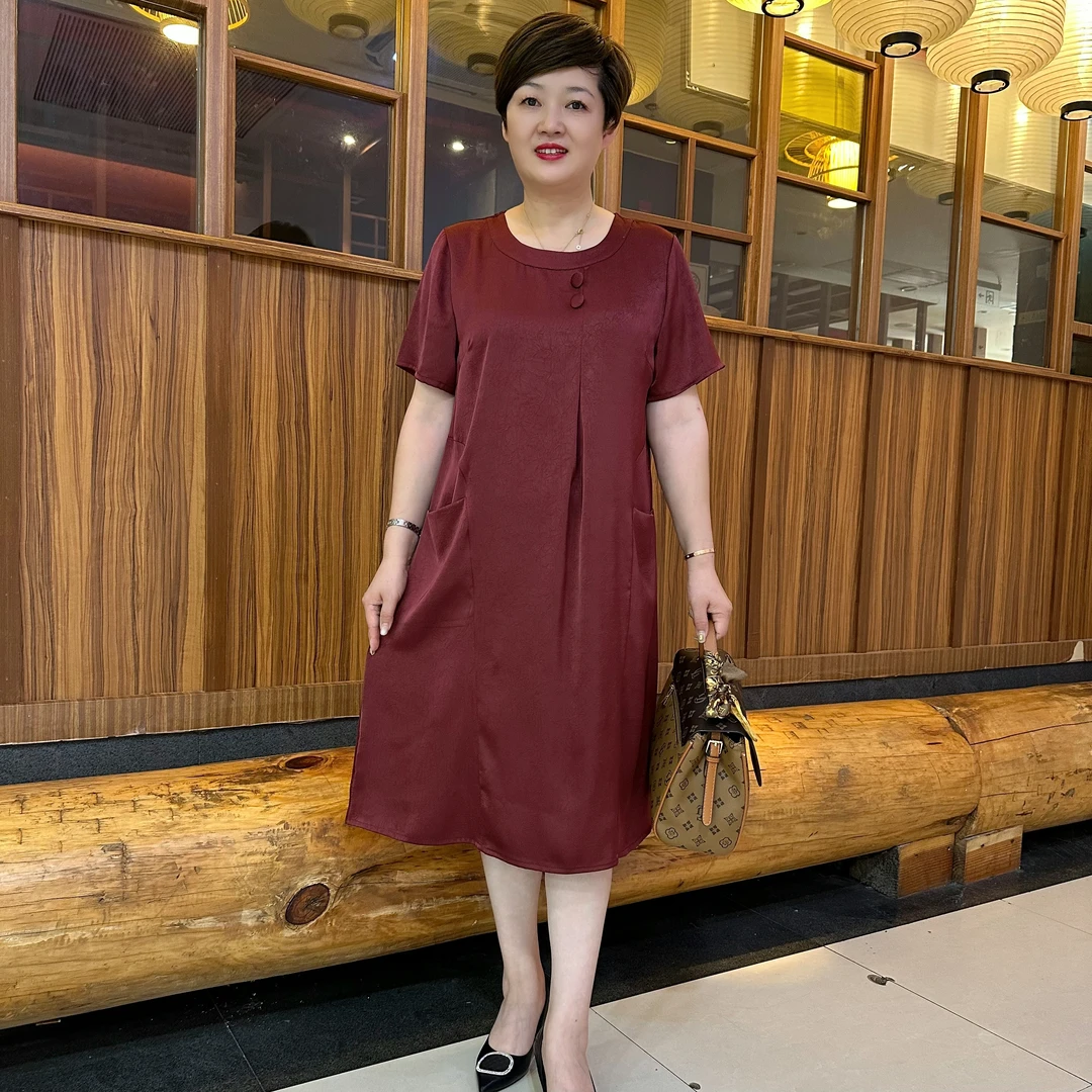 夏季宽松腰夏季纯色短袖时尚百搭可爱运动中年妈妈连衣裙