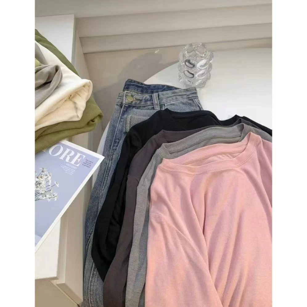 丽丽家~防晒灰纯色圆领长袖夏季透气薄款打底上衣