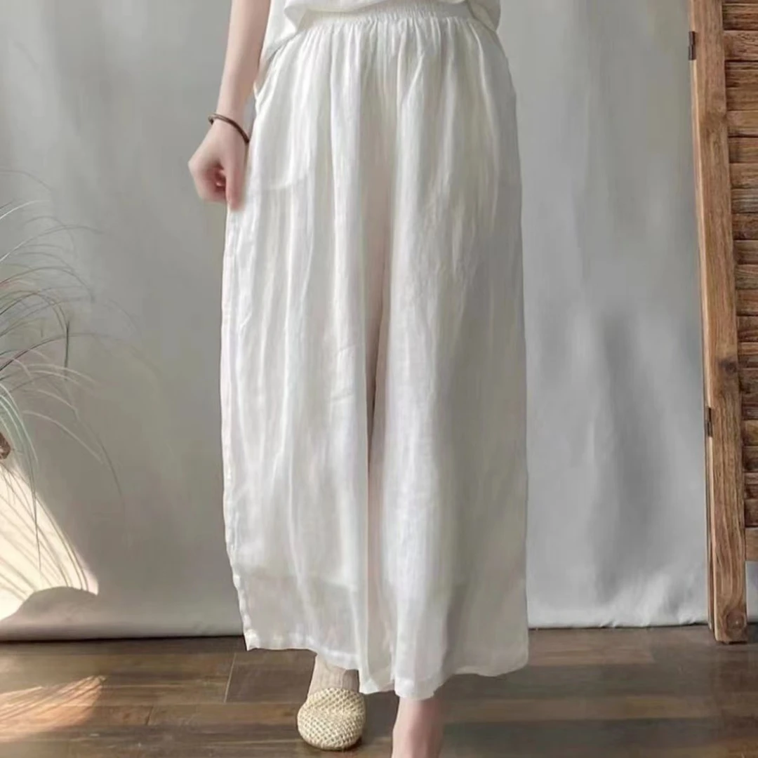 【繁花】夏季新款纯苎麻纯色阔腿裤女新款宽松双层长裤裙