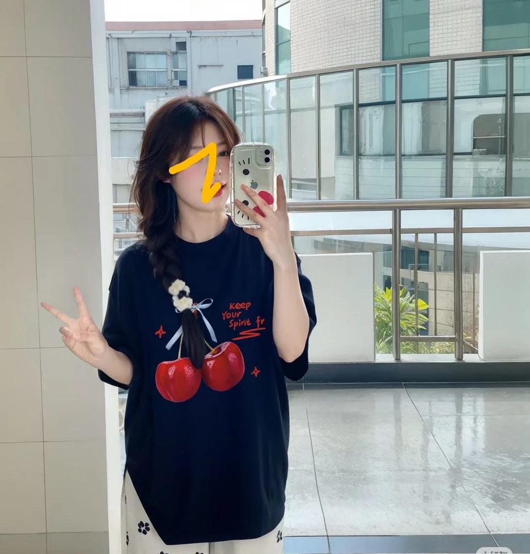 【夏日樱桃】夏季ins宽松纯棉短袖t恤女2025新款印花女卡通休闲百搭