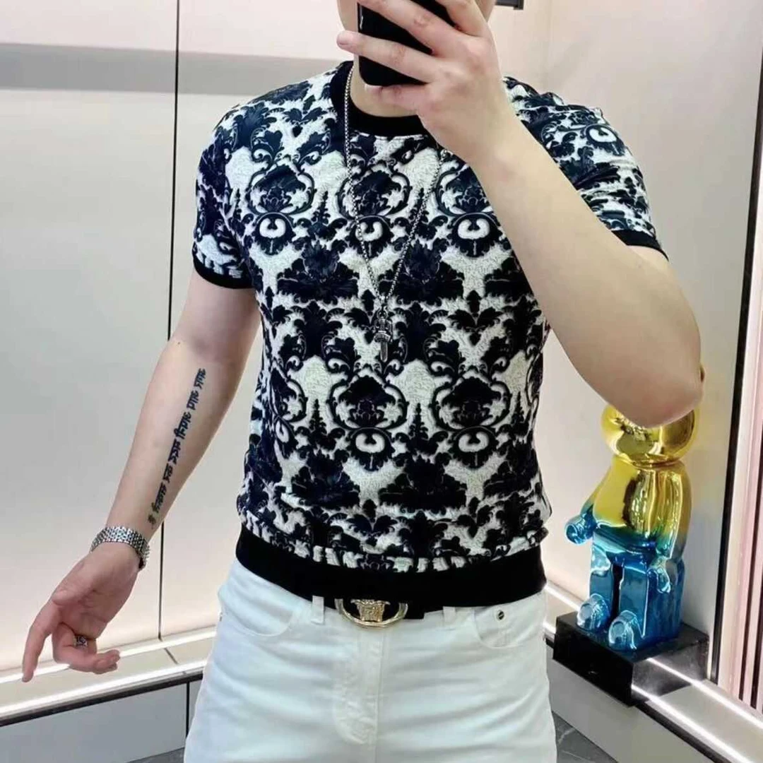 圆领短袖夏季冰丝超薄T恤潮流针织网红款休闲男装男士印花打底衫