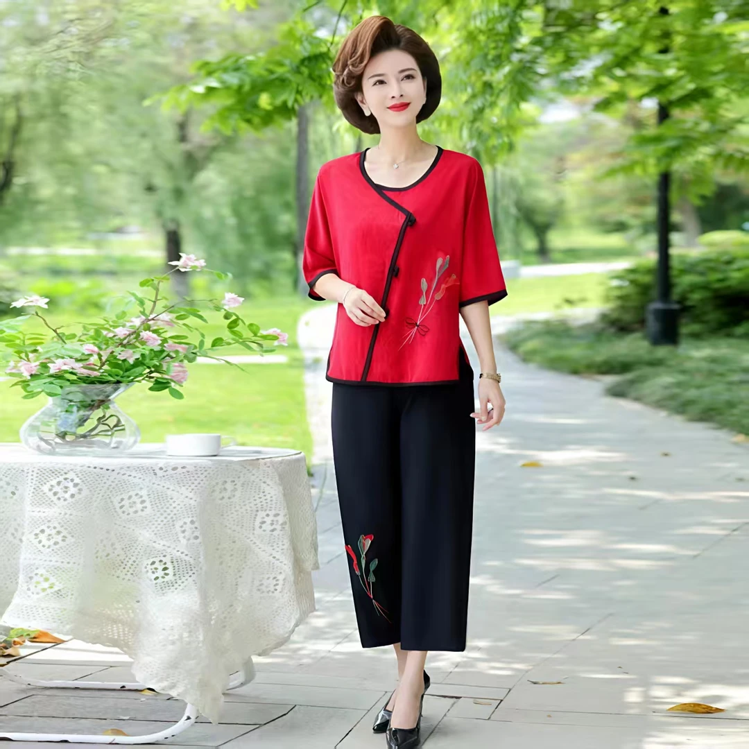 10524-中老年人夏装妈妈装夏天洋气老人夏季衣服套装【A仓黄包里】