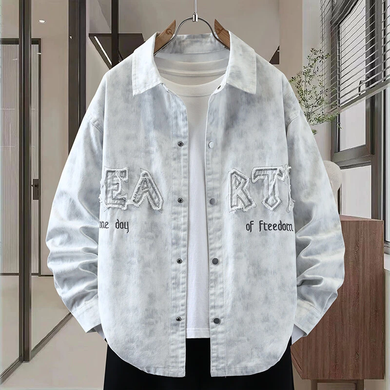 渐变牛仔夹克男个性字母刺绣贴布绣青少年学生2025春季潮蓝色外套