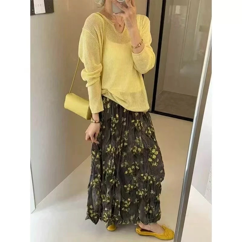 【YA JUN JIA】长袖韩版V领镂空针织衫