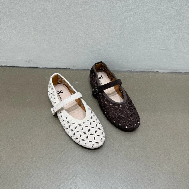 2025年新款韩版圆头浅口单鞋女平底镂空一字带舒适玛丽珍鞋女凉鞋