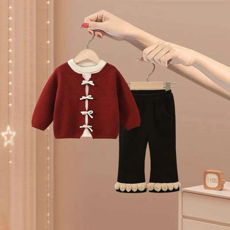 女童秋冬套装2025新款女宝宝洋气假两件毛线上衣加绒裤子两件套潮