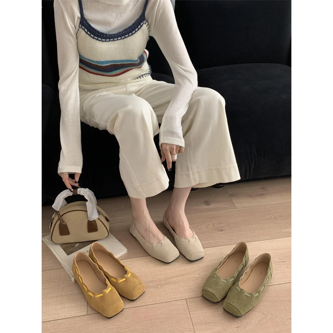 复古真皮方头豆豆鞋女平底浅口单鞋女2025秋季新款复古芭蕾舞鞋子