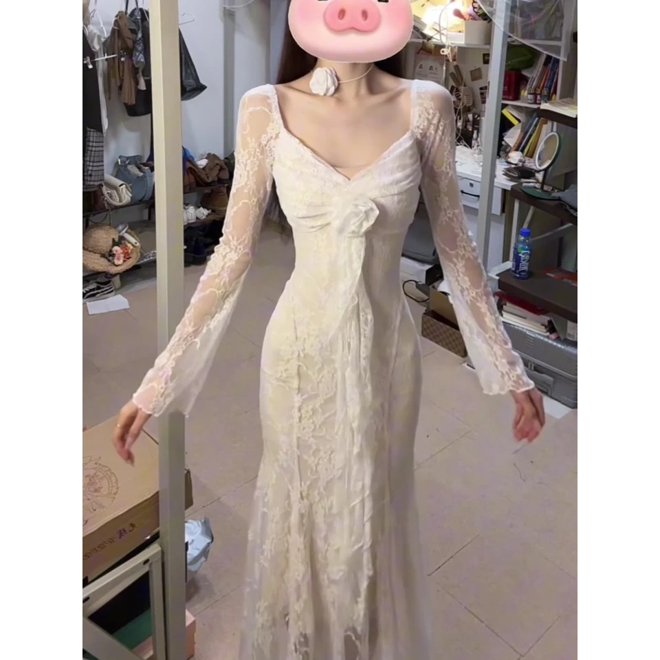 立体玫瑰飘带V领连衣裙纯欲性感蕾丝拼接飘逸鱼尾长裙女