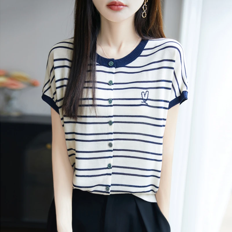 【奥莱撤柜】哥家夏季新款拼色条纹短袖针织刺绣休闲开衫女T恤上衣